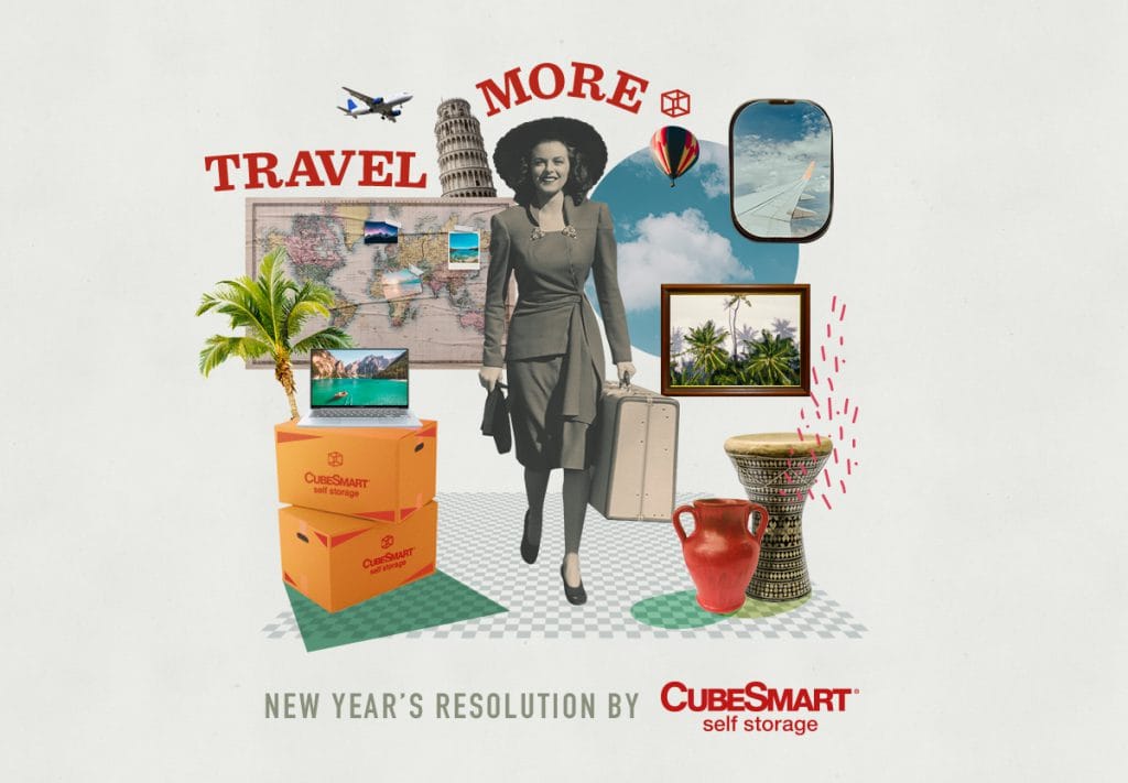 collage with photo of woman with suitcase traveling