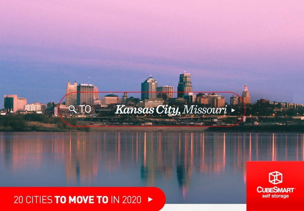 kansas city, mo skyline across the water at sunset