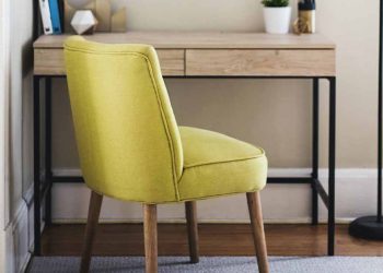 Yellow chair and desk in corner of room
