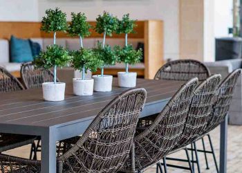 Outdoor table and wicker chairs