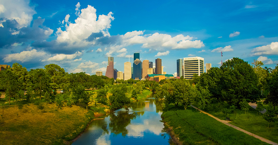 Houston skyline on a bright sunny day.