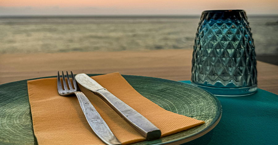 A fork and knife on a plate, next to a cup facing the ocean