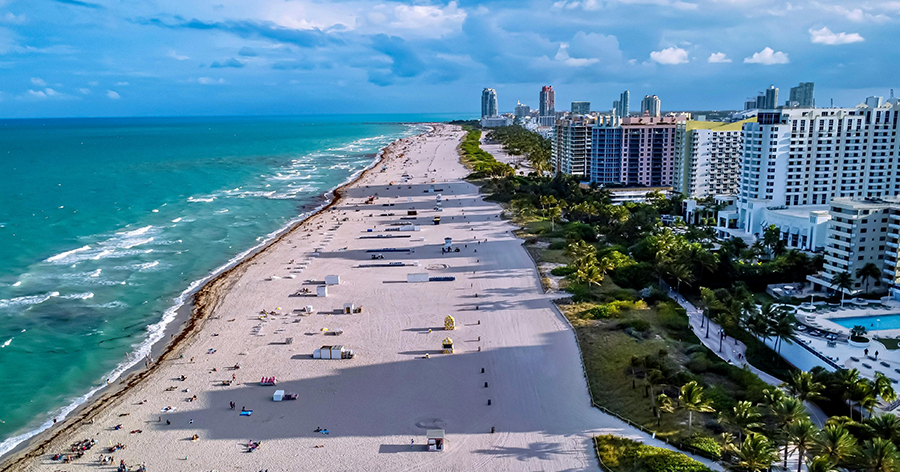 Miami Beach drone shot on a bright sunny day.