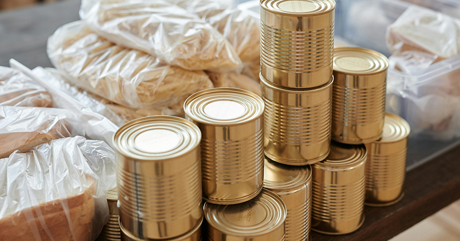 Canned goods stacked at a food bank