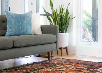 Gray couch and colorful rug