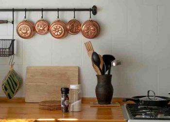 Vintage kitchen with copper pot display