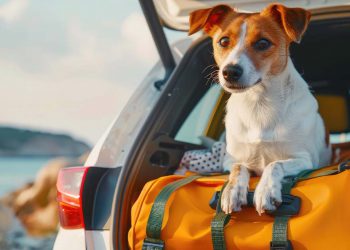 a dog sitting on a duffle bag