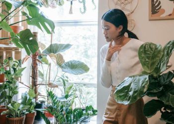 A woman is standing by a window, admiring all the houseplants that are thriving in the indoor garden retreat she transformed her spare room into.