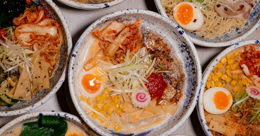 View from above of several bowls of ramen at one of the best Las Vegas restaurants.
