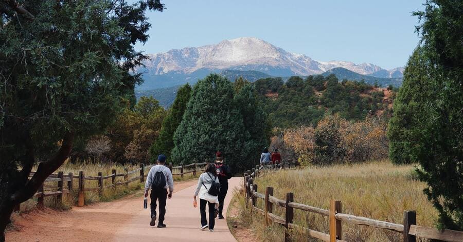 Hikers are walking along a scenic trail lined with pine trees and wooden fences with mountain peaks rising in the background, a popular outdoor experience for those living in Denver.
