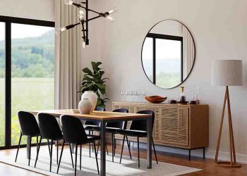 Modern neutral dining room with large windows