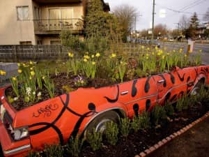 A red tiger striped car with plants growing inside of it