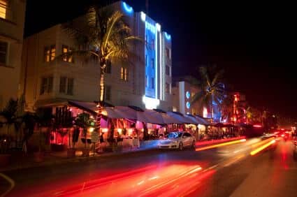 Nightlife on the art deco district of South Beach in Florida USA
