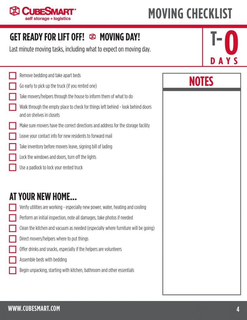 moving checklist week 0 moving day