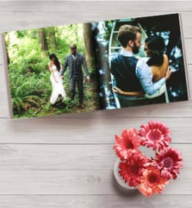 book of couples and flowers on table