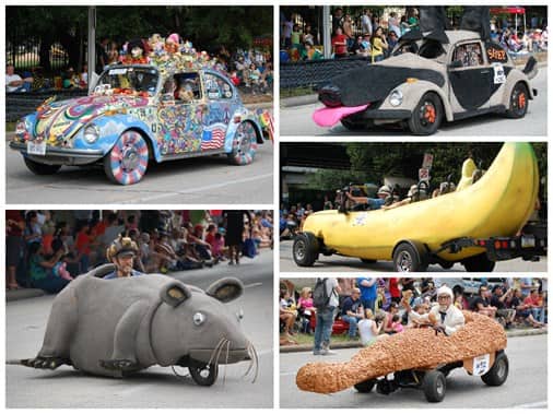 various cars driving in the Art Car Parade decorated as different themes