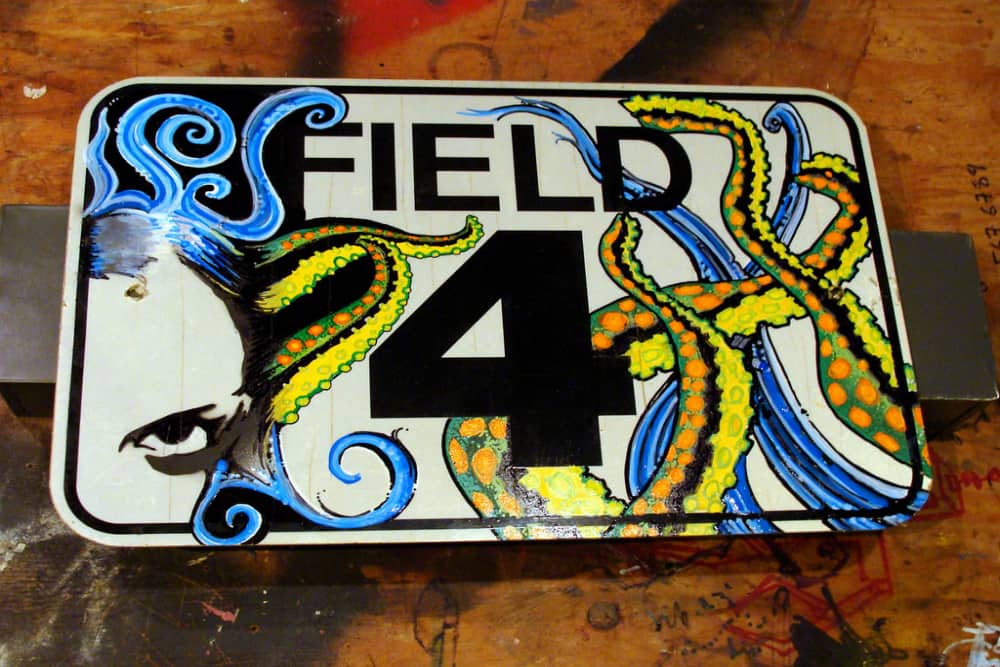 A decorated street sign