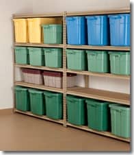 colored bins on metal shelves