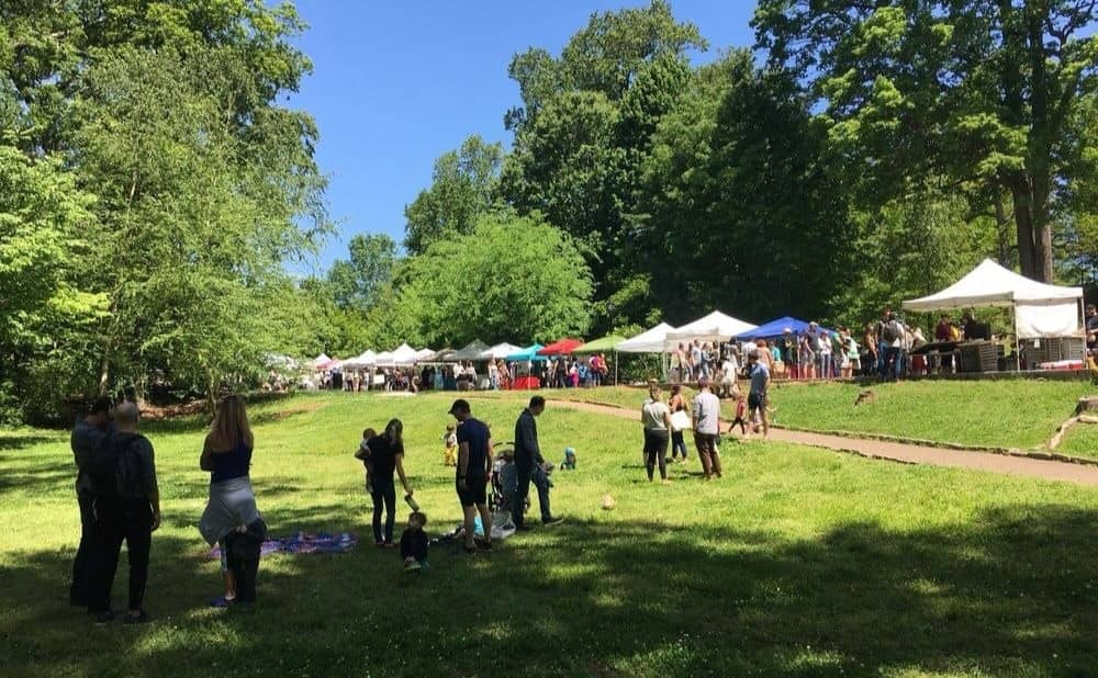people hanging out at Grant Park Farmers Market in Atlanta
