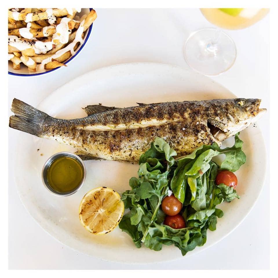plated fish with salad from Mandolin Aegean Bistro in Miami, FL