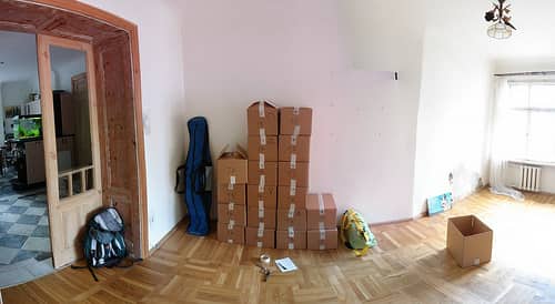 boxes stacked against a wall