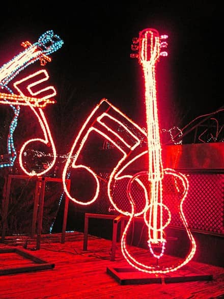 lights shaped as guitars and music notes
