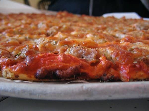 up close view of pizza from Vito & Nick's Pizzeria in Chicago