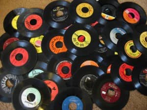 pile of records on floor