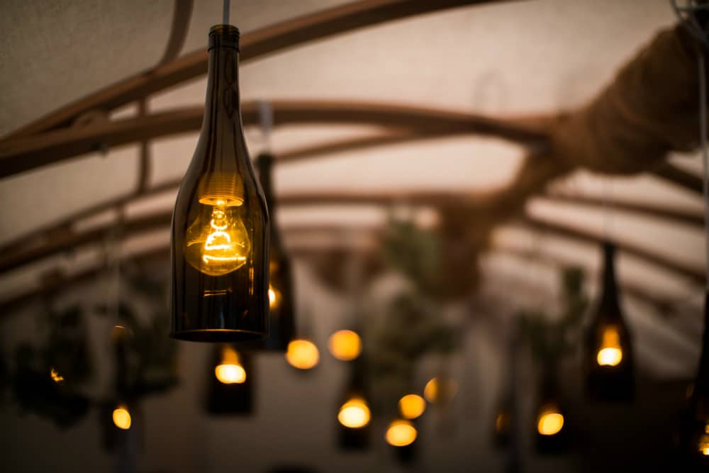 wine bottles turned into hanging lights