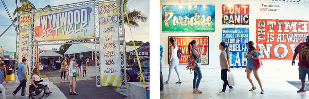 people walking to the Wynwood art walk in Miami, Florida and people indoors looking at art